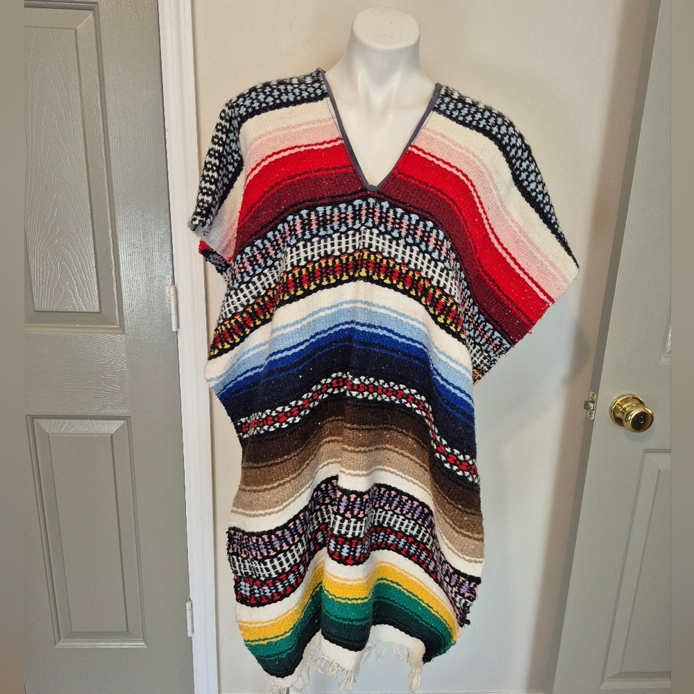 Mexican Southwestern Colorful Style Serape Blanket Pullover Poncho/Kimono